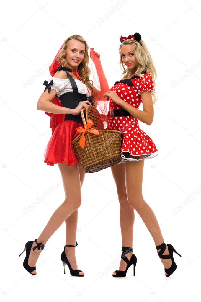 Two women in carnival costume. Little Red Riding Hood and mouse shape