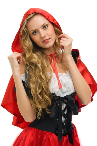 Karnaval Kostüm giymiş bir kadın. küçük kırmızı başlıklı kız şekli — Stok fotoğraf