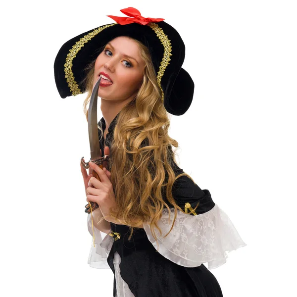 Красивая женщина в карнавальном костюме. Пиратская форма — стоковое фото
