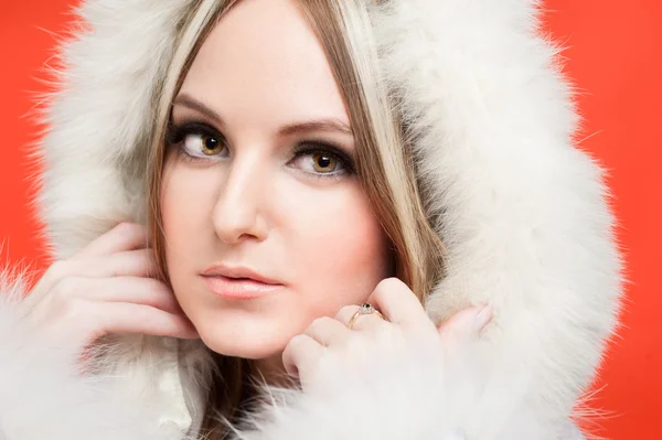 Beautiful woman in fur hood — Stok fotoğraf