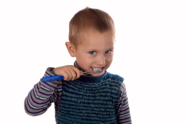 Boy brushing his teeth after bath — Stock Photo, Image