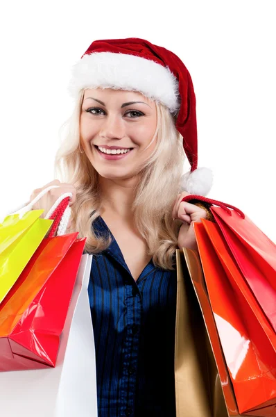 Noel alışveriş torbaları kadınla — Stok fotoğraf