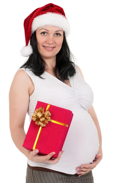 Těhotná žena s dárkovou krabicí — Stock fotografie