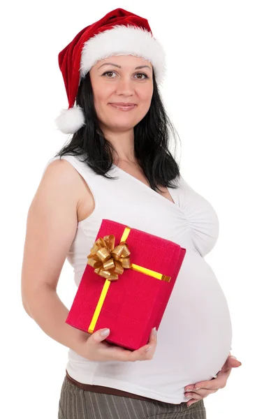Femme enceinte avec boîte cadeau — Photo