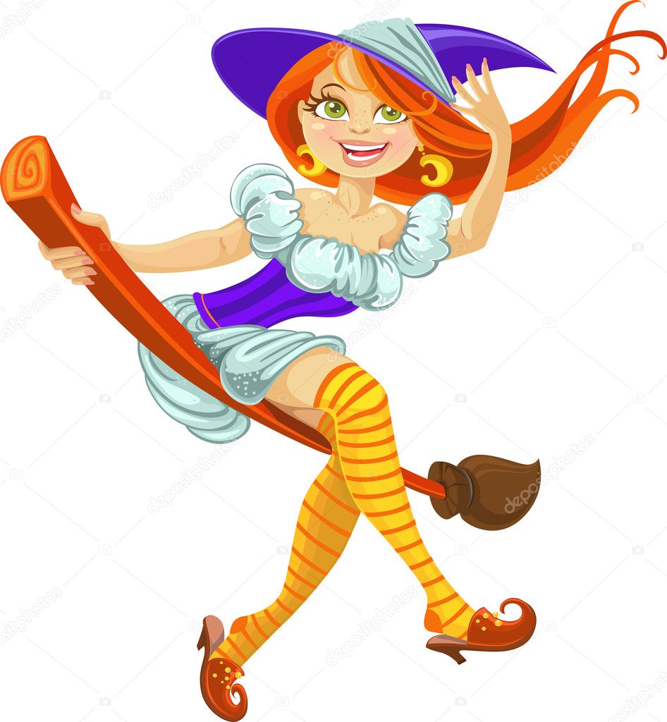 Beautiful young witch on a broomstick in the air