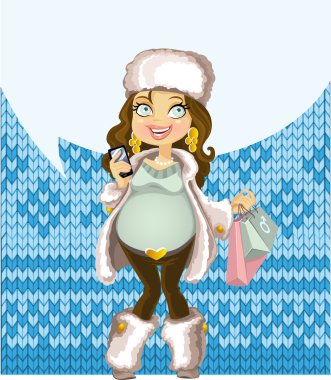 Pregnant woman in winter wear with phone and shopping bag on warm wool back clipart