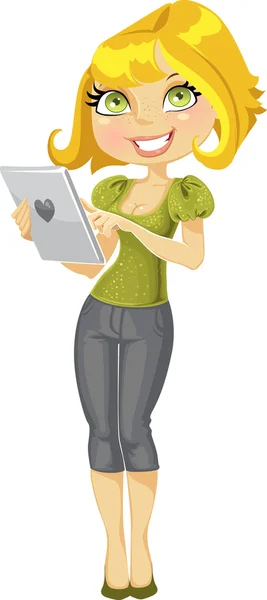 Linda garota loira com computador tablet — Vetor de Stock