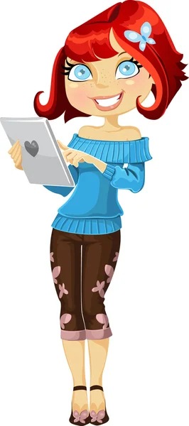 Linda garota de cabelos vermelha com computador tablet — Vetor de Stock