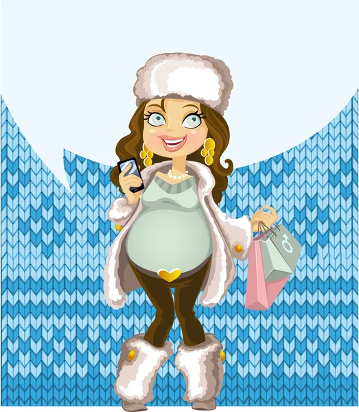 Pregnant woman in winter wear with phone and shopping bag on warm wool back — Stock Vector