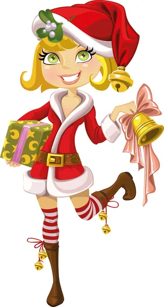 Linda garota loira em roupa de Papai Noel com sino —  Vetores de Stock