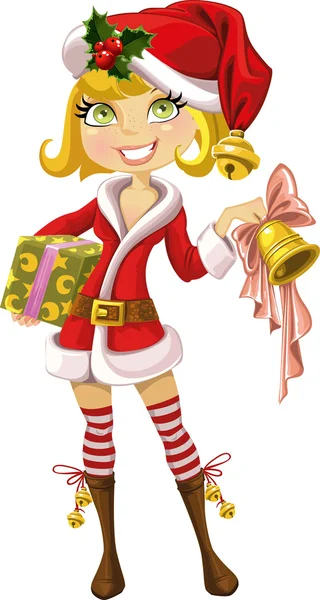 Süßes blondes Mädchen im roten Weihnachtsmann-Anzug mit Glocke — Stockvektor