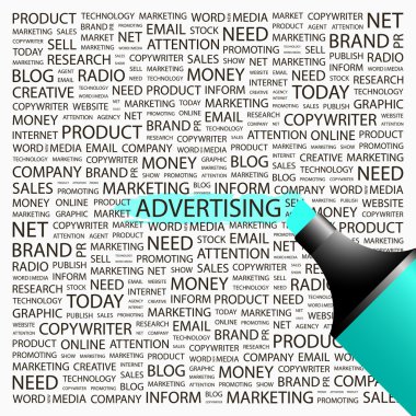 ADVERTISING. Highlighter over background with different association terms. clipart