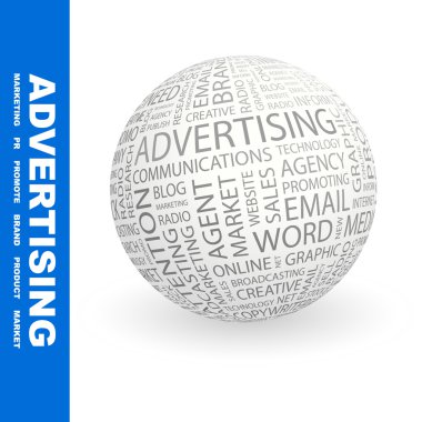 ADVERTISING. Globe with different association terms. clipart