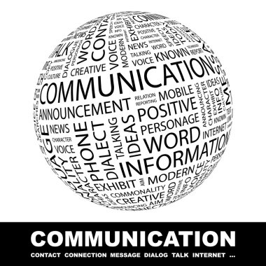 COMMUNICATION. Globe with different association terms. clipart