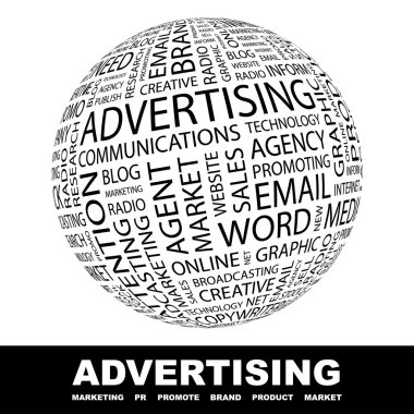 ADVERTISING. Globe with different association terms. clipart