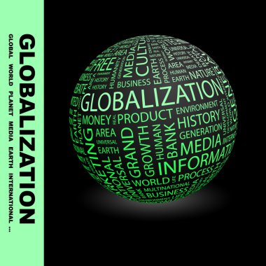 GLOBALIZATION. Globe with different association terms. clipart