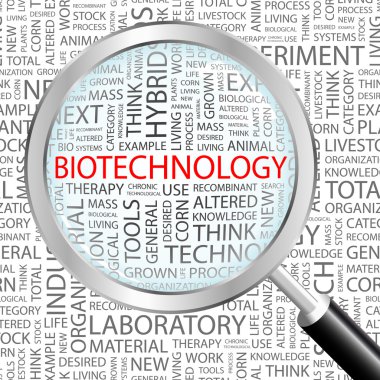 BIOTECHNOLOGY. Magnifying glass over background with different association terms. clipart