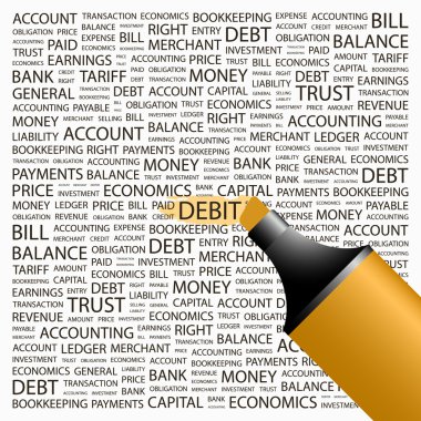 DEBIT. Highlighter over background with different association terms. clipart