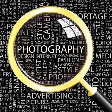 PHOTOGRAPHY. Magnifying glass over background with different association terms. clipart