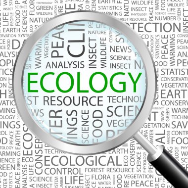 ECOLOGY. Magnifying glass over seamless background with different association terms. clipart