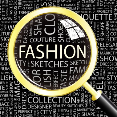 FASHION. Magnifying glass over seamless background with different association terms. clipart