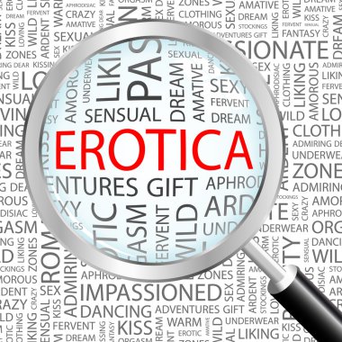 EROTICA. Magnifying glass over background with different association terms. clipart