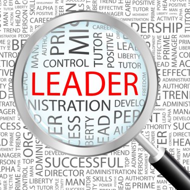 LEADER. Magnifying glass over background with different association terms. clipart
