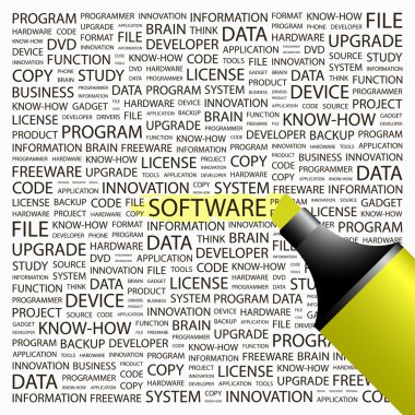 SOFTWARE. Highlighter over background with different association terms. clipart