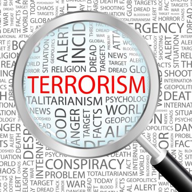 TERRORISM. Magnifying glass over background with different association terms. clipart