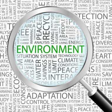 ENVIRONMENT. Magnifying glass over seamless background with different association terms. clipart