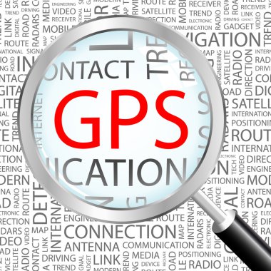 GPS. Magnifying glass over background with different association terms. clipart