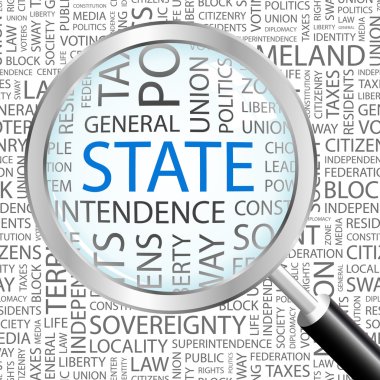 STATE. Magnifying glass over background with different association terms. clipart