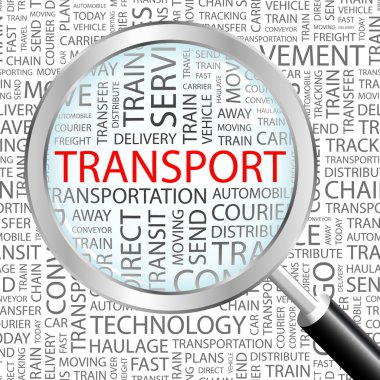 TRANSPORT. Magnifying glass over background with different association terms. clipart