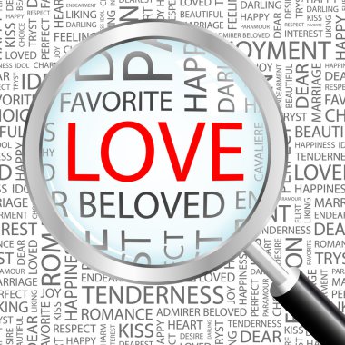 LOVE. Magnifying glass over seamless background with different association terms. clipart