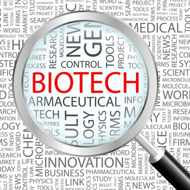 BIOTECH. Magnifying glass over seamless background with different association terms. clipart