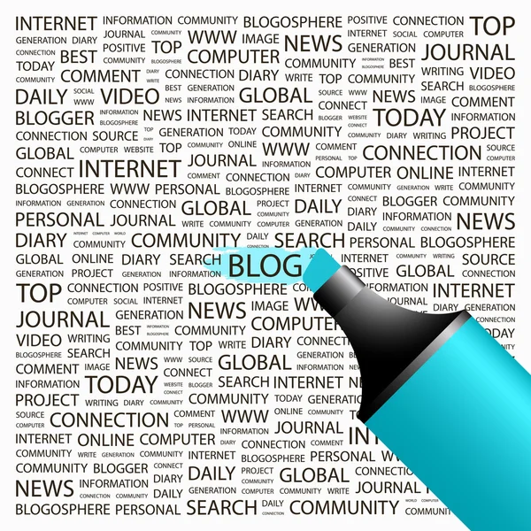 Blog. markeerstift op achtergrond met verschillende vereniging voorwaarden. — Stockvector