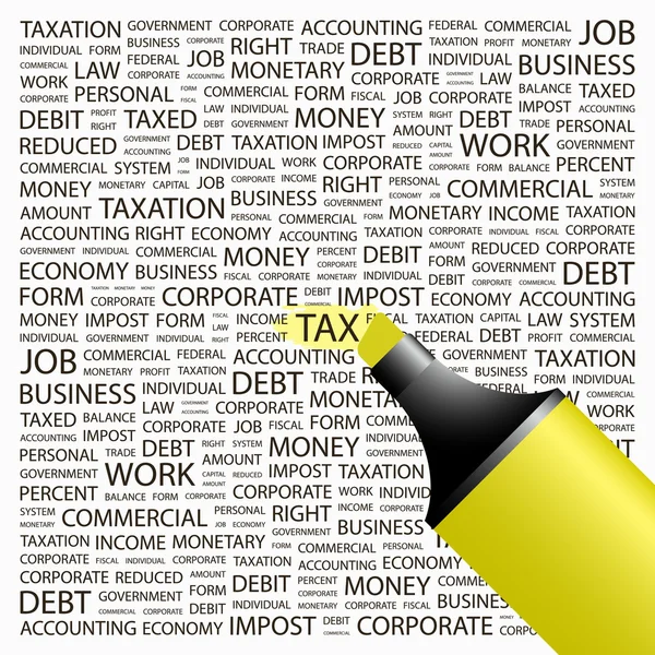 Belasting. markeerstift op achtergrond met verschillende vereniging voorwaarden. — Stockvector