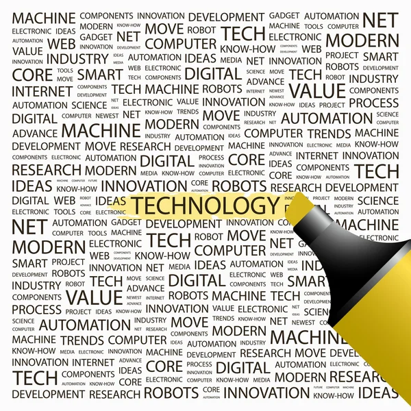 Technologie. markeerstift op achtergrond met verschillende vereniging voorwaarden. — Stockvector