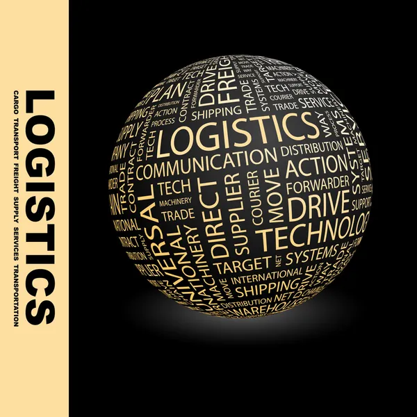 Logistika. zeměkoule s různými asociace termíny. — Stockový vektor