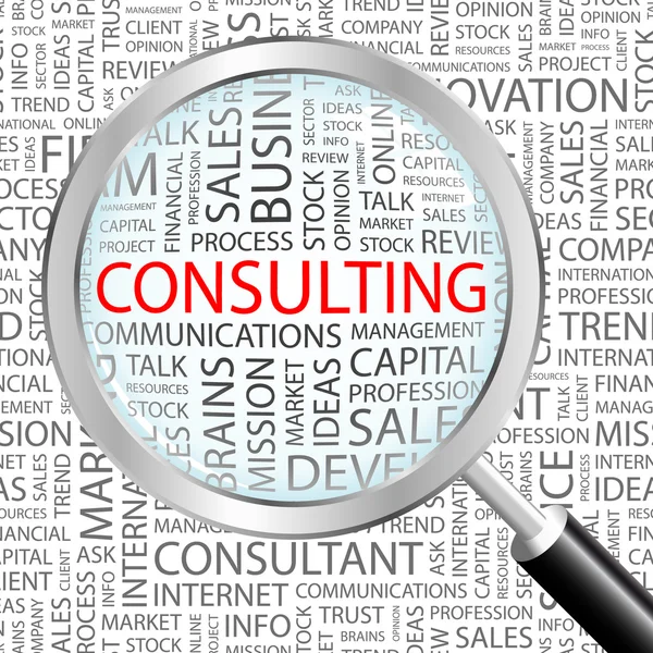 CONSULTING. Magnifying glass over background with different association terms. — Stock Vector