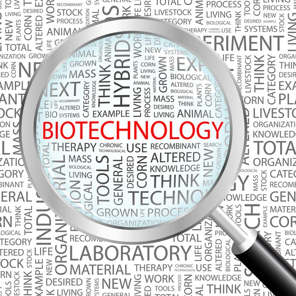 Biotechnologie. Lupe über Hintergrund mit unterschiedlichen Assoziationsbegriffen. — Stockvektor