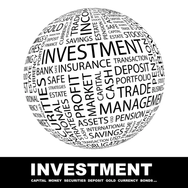 Investice. zeměkoule s různými asociace termíny. — Stockový vektor