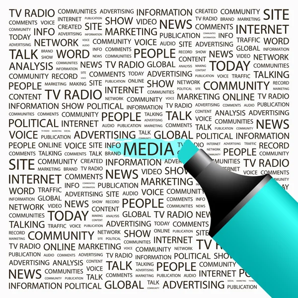 Media. markeerstift op achtergrond met verschillende vereniging voorwaarden. — Stockvector