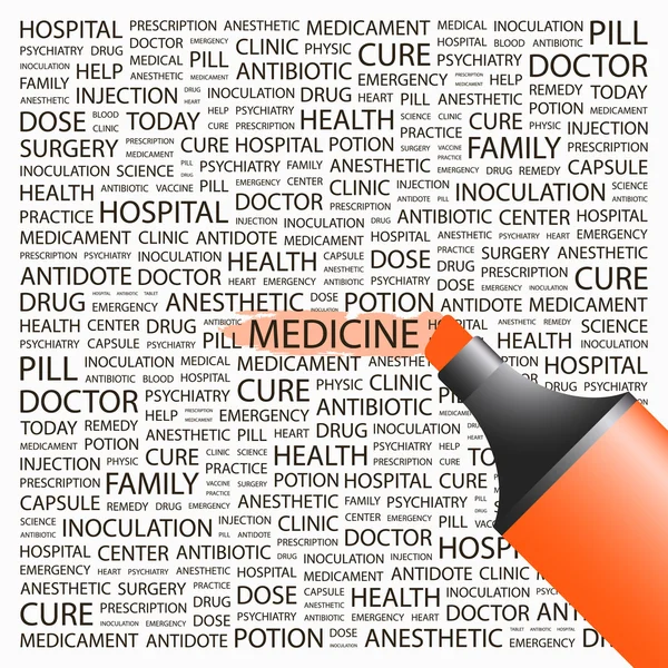 Medicine. Highlighter over background with different association terms. — Stock Vector
