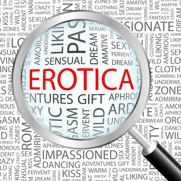 Erotika. zvětšovací sklo nad pozadím s různými asociace termíny. — Stockový vektor