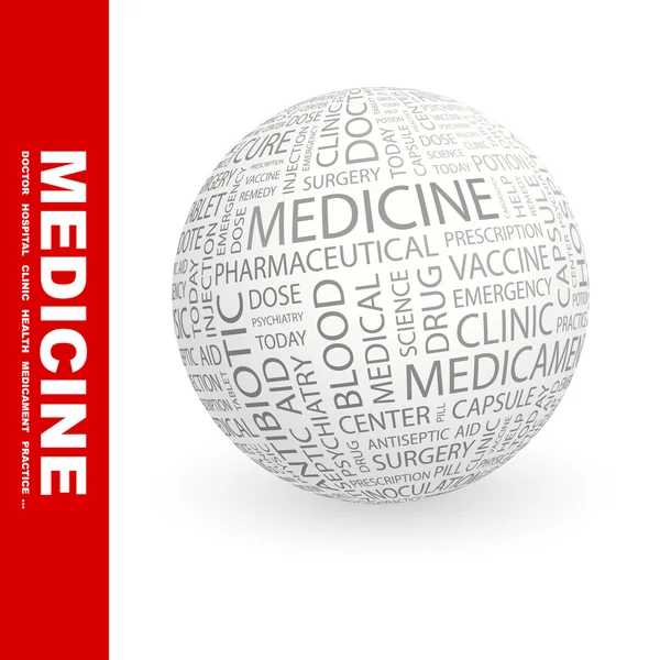 Медикамент. Глобус с различными ассоциативными терминами . — стоковый вектор