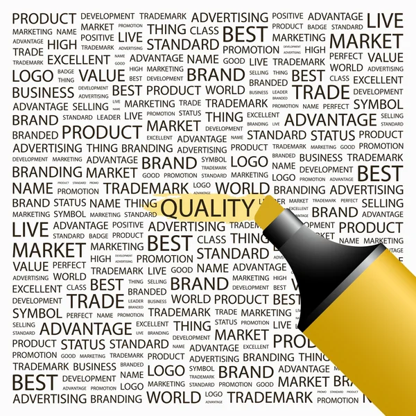 A qualidade. Destaque sobre fundo com diferentes termos de associação . — Vetor de Stock