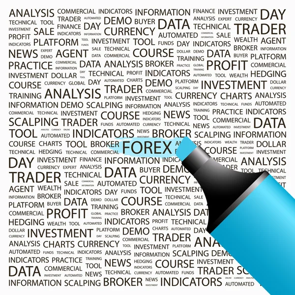 Forex. Zvýrazňovač nad pozadím s různými asociace termíny. — Stockový vektor