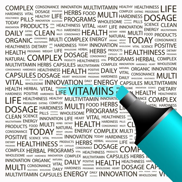 Vitamine. Textmarker über Hintergrund mit unterschiedlichen Assoziationsbedingungen. — Stockvektor
