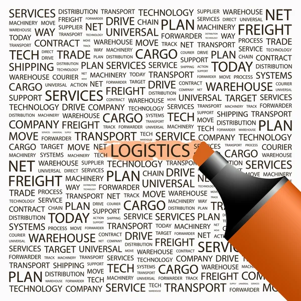 Logistiek. markeerstift op achtergrond met verschillende vereniging voorwaarden. — Stockvector